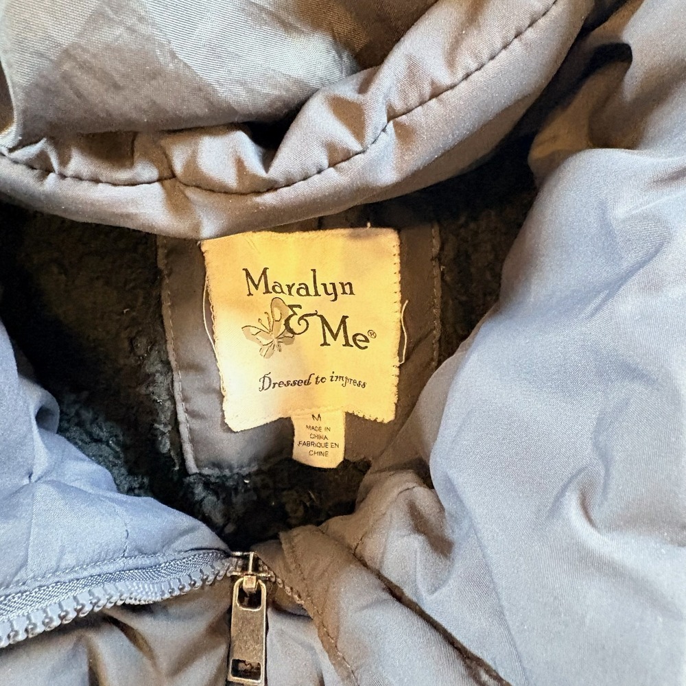 Maralyn & Me Puffer Jacket Womens Size M Black Faux Fur Hood Cinched Waist - Picture 5 of 7